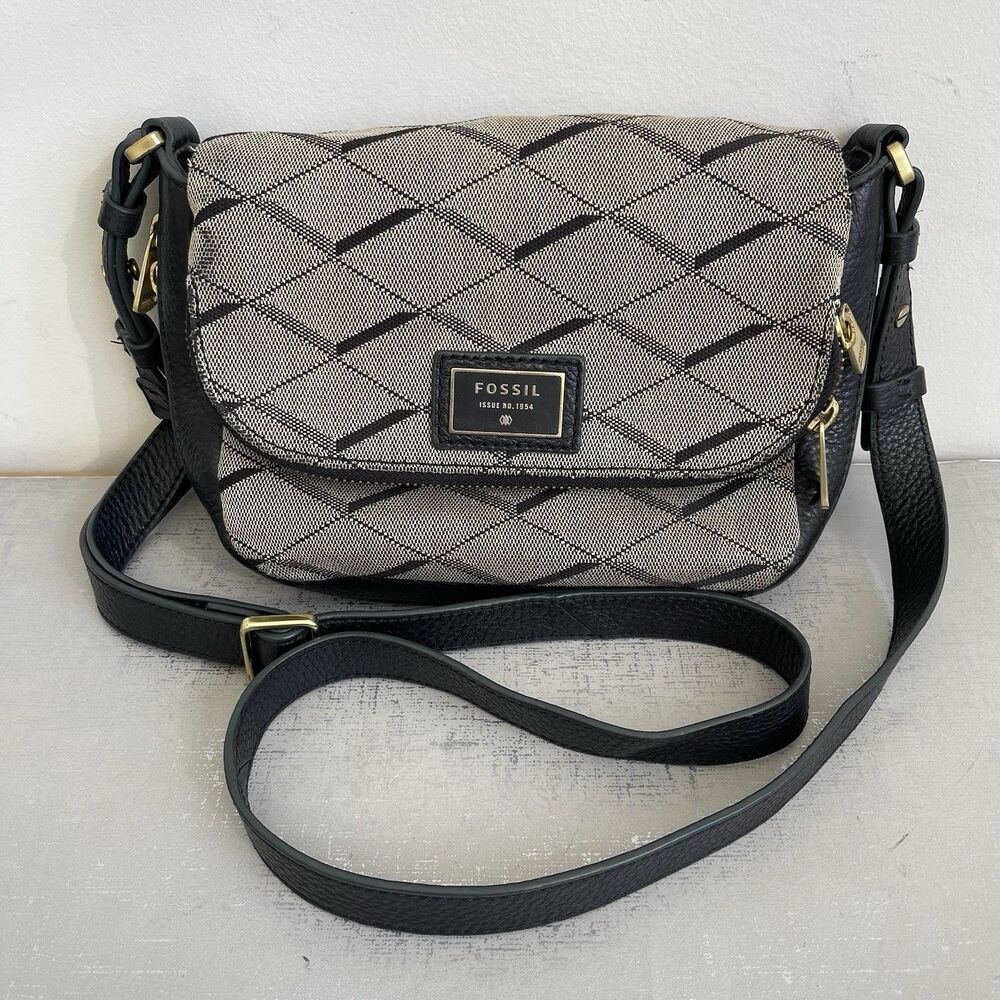 Vintage Fossil Preston Flap Crossbody Bag Purse Black Leather Jacquard Canvas